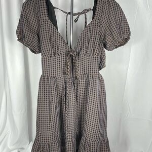 Puff-Sleeve Midi Dress Tan, black, lilac plaid cottagecore, boho, grungy sweet